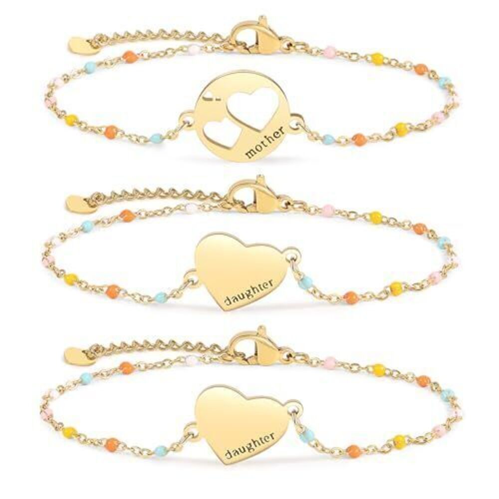 4566 Mother Daughter Bracelets Set,18K Gold Plated Stainless Steel Heart